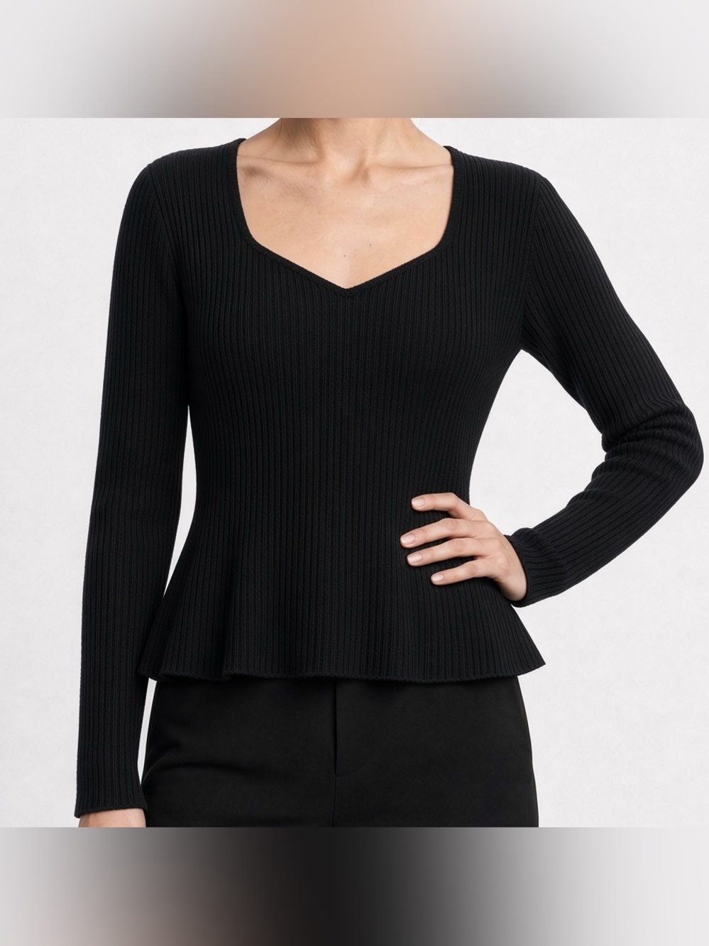 Sweetheart Neck Black Ribbed Scoop-Neck Long Sleeve Top